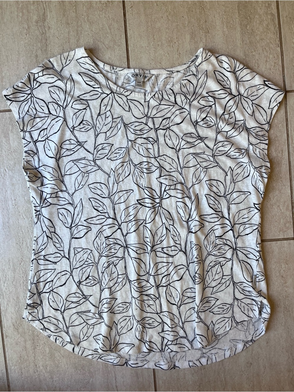 Orvis Linen Blend Leaf Print Top White Black Botanical Size S